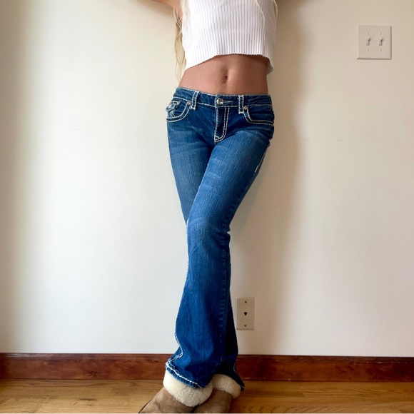 Vintage Y2K Rhinestone Low Rise Contrast Stitch Jeans Bootcut Mini Flare - Picture 2 of 7